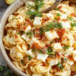 A vibrant bowl of pasta salad featuring colorful spiral pasta, golden elote callejero kernels scattered throughout, garnished with fresh herbs on a white ceramic plate.