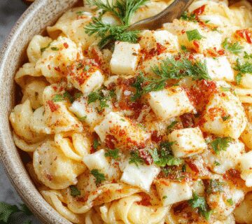 A vibrant bowl of pasta salad featuring colorful spiral pasta, golden elote callejero kernels scattered throughout, garnished with fresh herbs on a white ceramic plate.