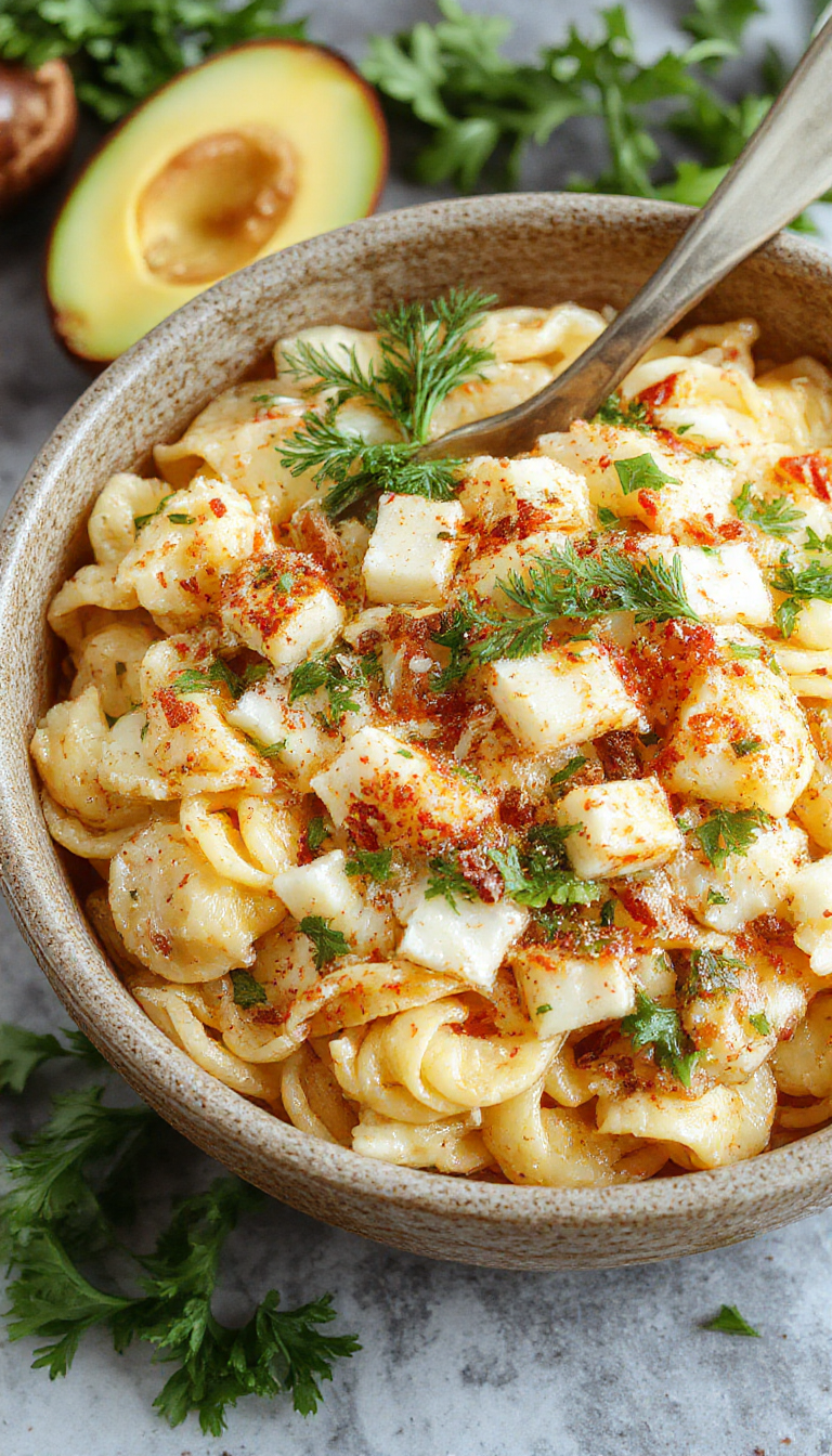 A vibrant bowl of pasta salad featuring colorful spiral pasta, golden elote callejero kernels scattered throughout, garnished with fresh herbs on a white ceramic plate.