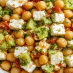 A vibrant plate of chickpea salad featuring chunks of creamy avocado and crumbled feta cheese, garnished with fresh herbs. The bright yellow chickpeas contrast with the green avocado and white feta, served on a rustic white dish with a drizzle of olive oil and a sprinkle of spices, set against a light wooden background.