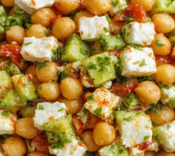A vibrant plate of chickpea salad featuring chunks of creamy avocado and crumbled feta cheese, garnished with fresh herbs. The bright yellow chickpeas contrast with the green avocado and white feta, served on a rustic white dish with a drizzle of olive oil and a sprinkle of spices, set against a light wooden background.