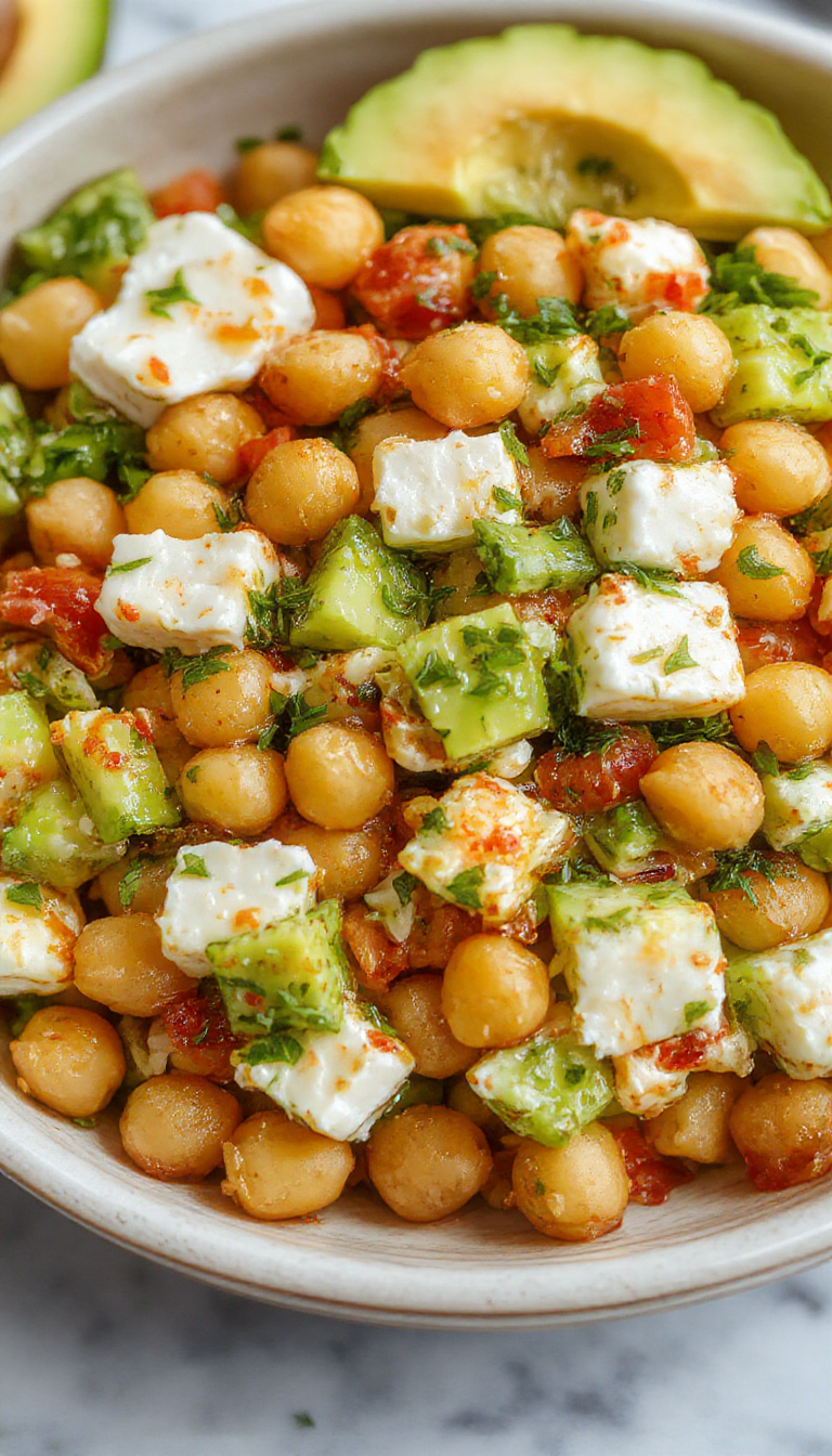 A vibrant plate of chickpea salad featuring chunks of creamy avocado and crumbled feta cheese, garnished with fresh herbs. The bright yellow chickpeas contrast with the green avocado and white feta, served on a rustic white dish with a drizzle of olive oil and a sprinkle of spices, set against a light wooden background.