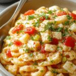 A vibrant plate of Mexican pasta salad featuring spiral pasta topped with charred corn kernels, chopped fresh cilantro, and crumbled queso fresco. The dish is dressed in a creamy, mildly orange sauce, garnished with a slice of lime on the side, set against a rustic wooden table with colorful Mexican textiles in the background.