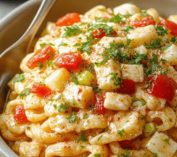 A vibrant plate of Mexican pasta salad featuring spiral pasta topped with charred corn kernels, chopped fresh cilantro, and crumbled queso fresco. The dish is dressed in a creamy, mildly orange sauce, garnished with a slice of lime on the side, set against a rustic wooden table with colorful Mexican textiles in the background.
