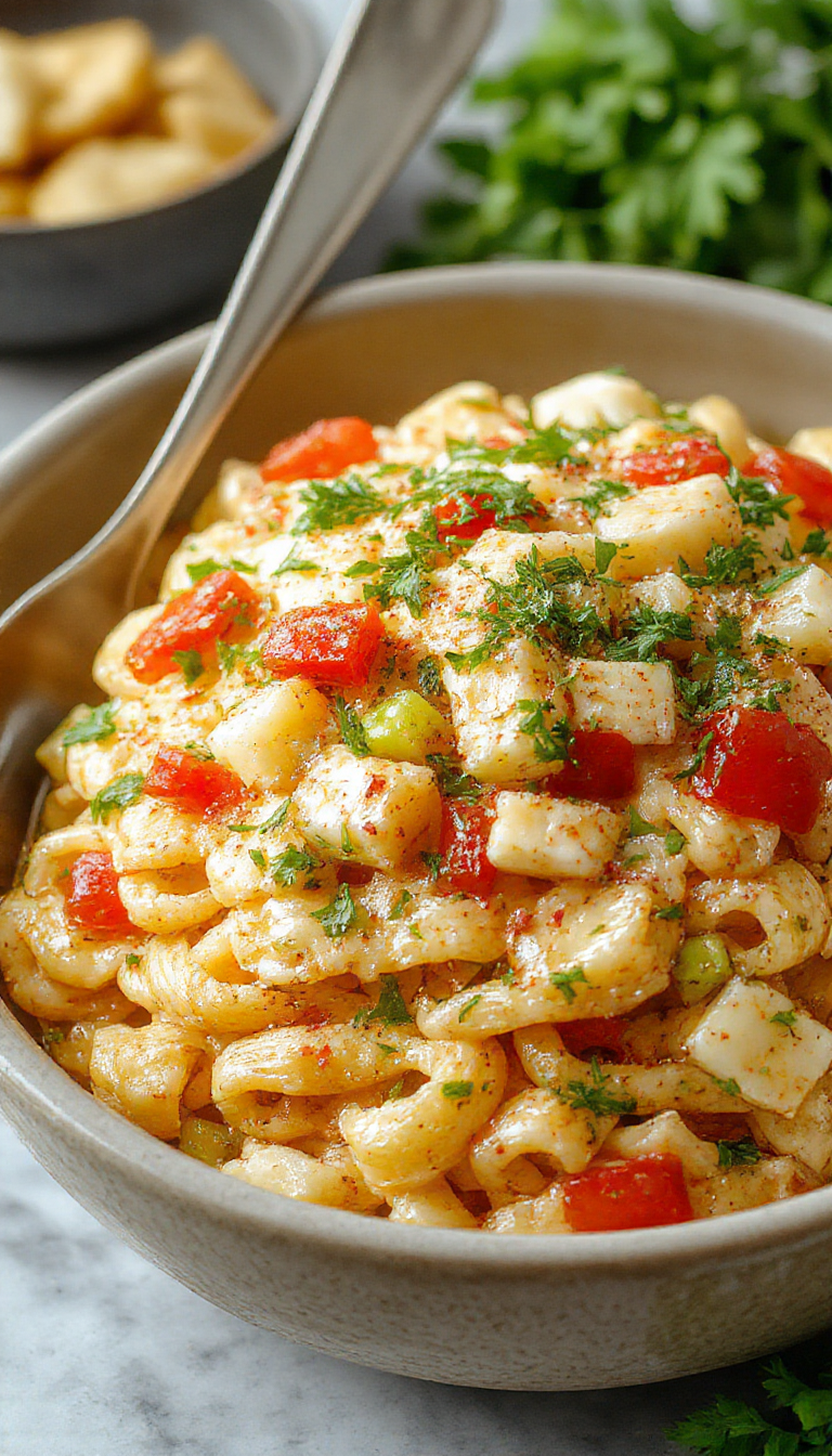 A vibrant plate of Mexican pasta salad featuring spiral pasta topped with charred corn kernels, chopped fresh cilantro, and crumbled queso fresco. The dish is dressed in a creamy, mildly orange sauce, garnished with a slice of lime on the side, set against a rustic wooden table with colorful Mexican textiles in the background.