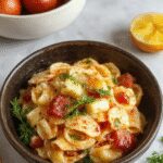 A vibrant plate of pasta salad featuring short pasta shaped like bows, colorful cherry tomatoes, crunchy bell peppers, and fresh herbs, all tossed in a light dressing and displayed on a white ceramic plate against a rustic wooden background.