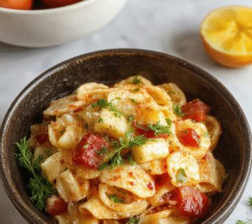 A vibrant plate of pasta salad featuring short pasta shaped like bows, colorful cherry tomatoes, crunchy bell peppers, and fresh herbs, all tossed in a light dressing and displayed on a white ceramic plate against a rustic wooden background.