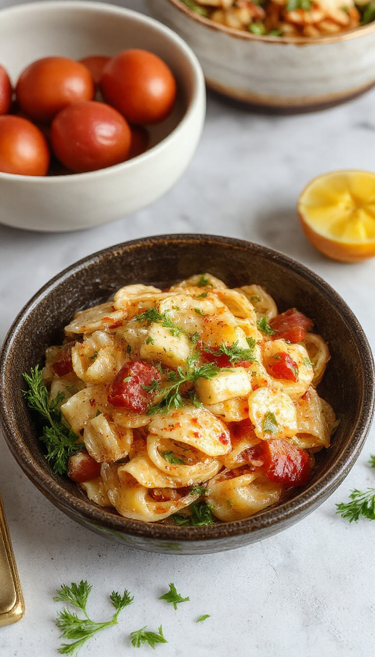 A vibrant plate of pasta salad featuring short pasta shaped like bows, colorful cherry tomatoes, crunchy bell peppers, and fresh herbs, all tossed in a light dressing and displayed on a white ceramic plate against a rustic wooden background.