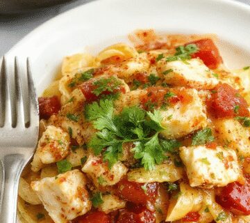 A vibrant plate of ensalada de pasta con pollo featuring colorful pasta, tender strips of chicken, cherry tomatoes, green herbs, and a sprinkle of cheese on a white plate, garnished with fresh herbs, with a bright, summery background.