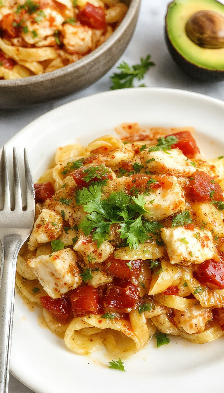 A vibrant plate of ensalada de pasta con pollo featuring colorful pasta, tender strips of chicken, cherry tomatoes, green herbs, and a sprinkle of cheese on a white plate, garnished with fresh herbs, with a bright, summery background.