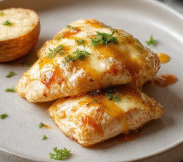 Close-up of golden-brown chicken wraps filled with melted cheese and garnished with freshly chopped herbs. The wraps are sliced to reveal the gooey cheese and tender chicken inside, arranged on a rustic plate with a drizzle of sauce.