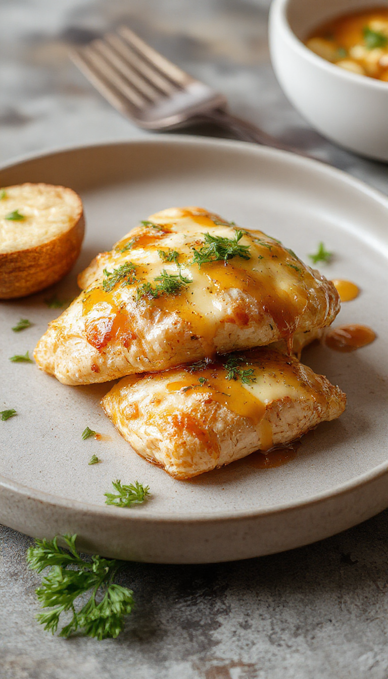 Close-up of golden-brown chicken wraps filled with melted cheese and garnished with freshly chopped herbs. The wraps are sliced to reveal the gooey cheese and tender chicken inside, arranged on a rustic plate with a drizzle of sauce.
