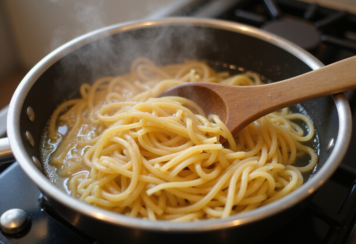 Espaguetis cocinándose en agua hirviendo para la receta de espaguetis con espinaca.