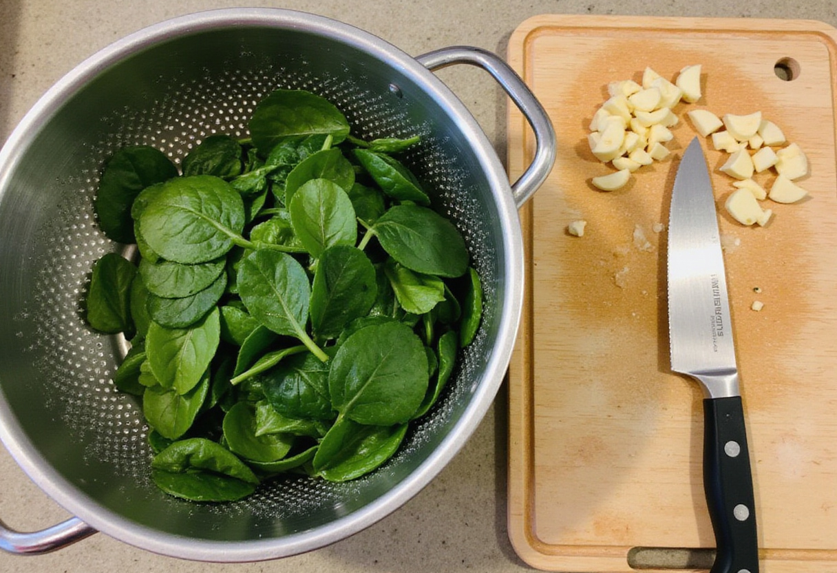 Espinacas frescas siendo preparadas para la salsa cremosa de tomate seco en espaguetis.