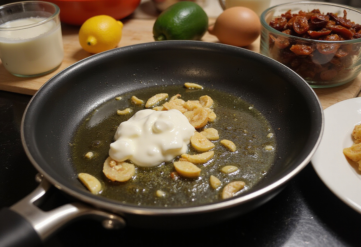 Sofrito de ajo en aceite de oliva para preparar la salsa cremosa de tomate seco para espaguetis.