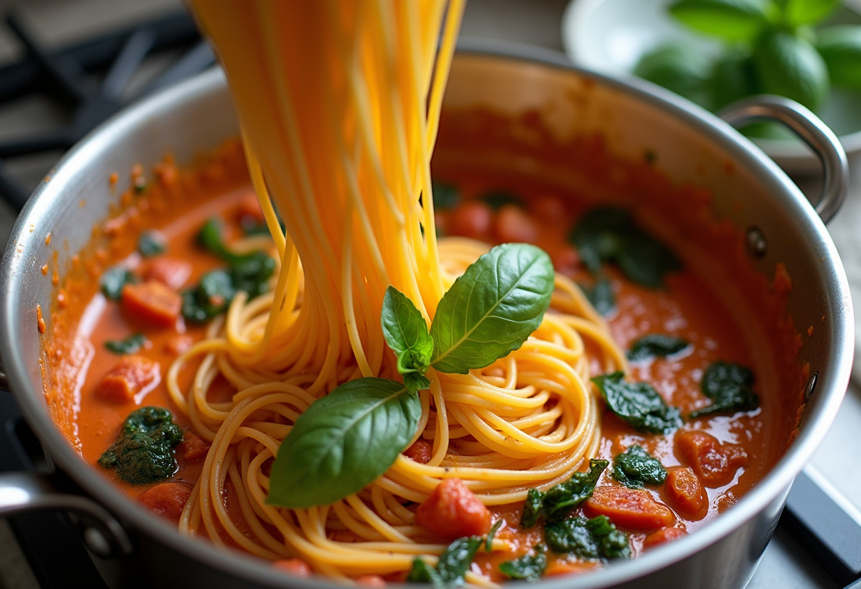 Combinando espaguetis con salsa cremosa de tomate seco y espinacas en un bol de mezcla.