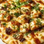 A golden-brown flatbread topped with vibrant orange buffalo chicken pieces, drizzled with creamy sauce and sprinkled with green herbs. The crust appears crispy around the edges, with visible toppings layered evenly across the surface.