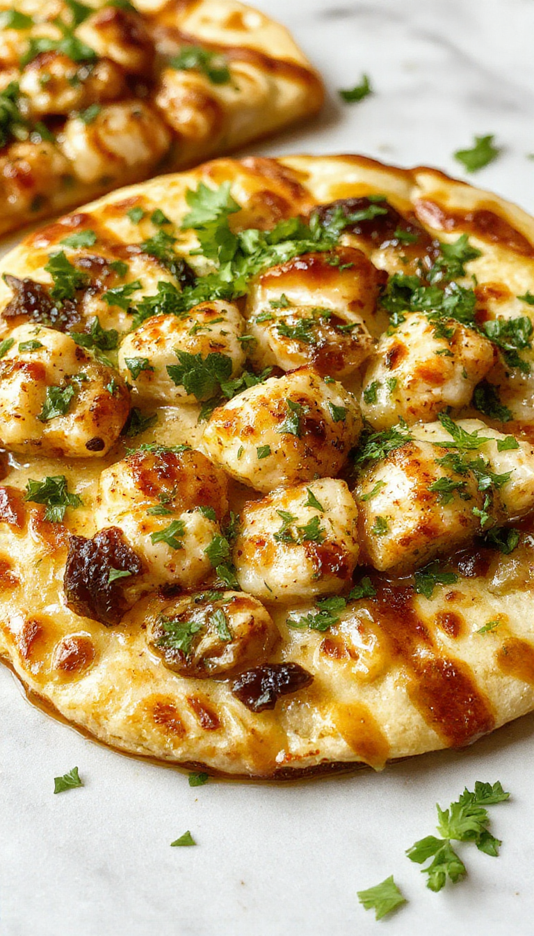 A golden-brown flatbread topped with vibrant orange buffalo chicken pieces, drizzled with creamy sauce and sprinkled with green herbs. The crust appears crispy around the edges, with visible toppings layered evenly across the surface.