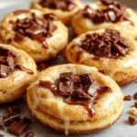 Golden-brown banana cookies with melting chocolate chips, slightly cracked surface, arranged in a neat row on a rustic wooden table, with a few chocolate chips scattered around.