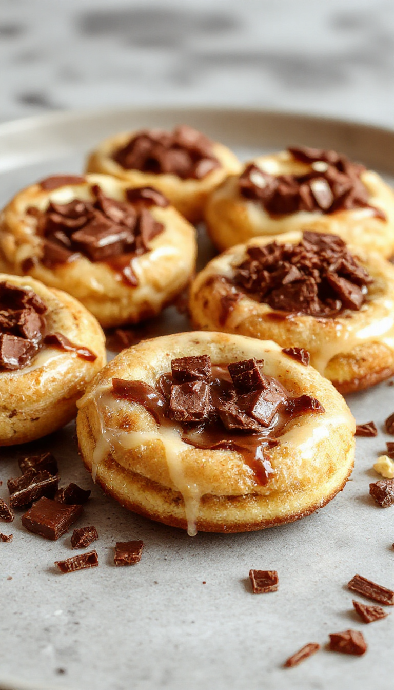 Golden-brown banana cookies with melting chocolate chips, slightly cracked surface, arranged in a neat row on a rustic wooden table, with a few chocolate chips scattered around.
