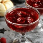 A close-up of a Halloween-themed gelatina de ojos sangrientos dessert, featuring bright red gelatin with realistic eyeball-shaped candies embedded inside, served in small transparent cups. The eyes have detailed irises and bloodshot veins, creating a spooky and gory appearance perfect for Halloween.