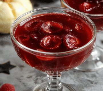 A close-up of a Halloween-themed gelatina de ojos sangrientos dessert, featuring bright red gelatin with realistic eyeball-shaped candies embedded inside, served in small transparent cups. The eyes have detailed irises and bloodshot veins, creating a spooky and gory appearance perfect for Halloween.