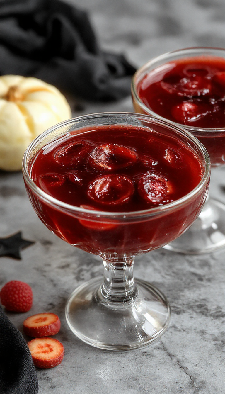 A close-up of a Halloween-themed gelatina de ojos sangrientos dessert, featuring bright red gelatin with realistic eyeball-shaped candies embedded inside, served in small transparent cups. The eyes have detailed irises and bloodshot veins, creating a spooky and gory appearance perfect for Halloween.