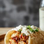 A close-up image of a golden-brown grilled chicken gyro wrapped in a soft pita bread, topped with creamy white feta tzatziki sauce, crisp vegetables, and fresh herbs. The pita is slightly open, revealing colorful ingredients inside, with a rustic background emphasizing Mediterranean flavors.