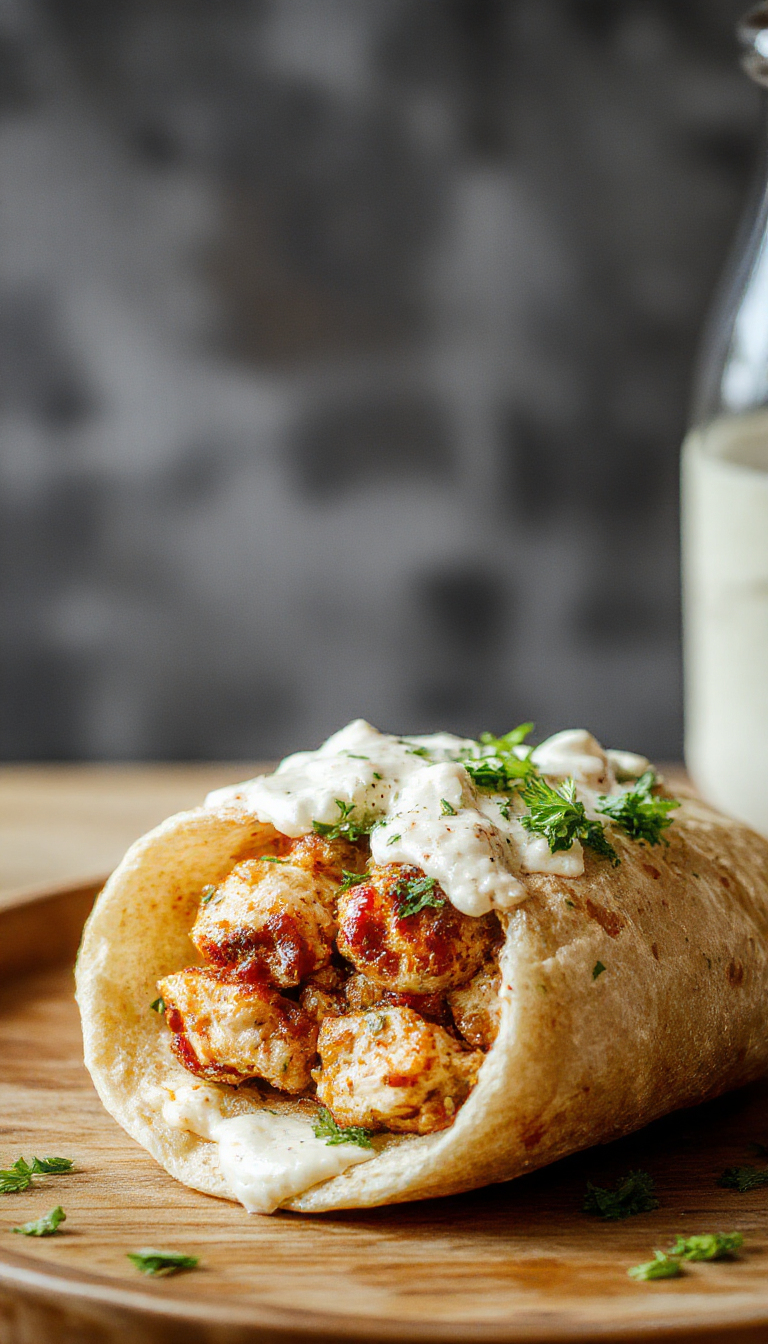 A close-up image of a golden-brown grilled chicken gyro wrapped in a soft pita bread, topped with creamy white feta tzatziki sauce, crisp vegetables, and fresh herbs. The pita is slightly open, revealing colorful ingredients inside, with a rustic background emphasizing Mediterranean flavors.