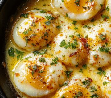 A close-up of baked eggs in individual ramekins, topped with crumbled white feta cheese and fresh herbs, golden brown edges, presented on a rustic wooden table with a warm, inviting ambiance.