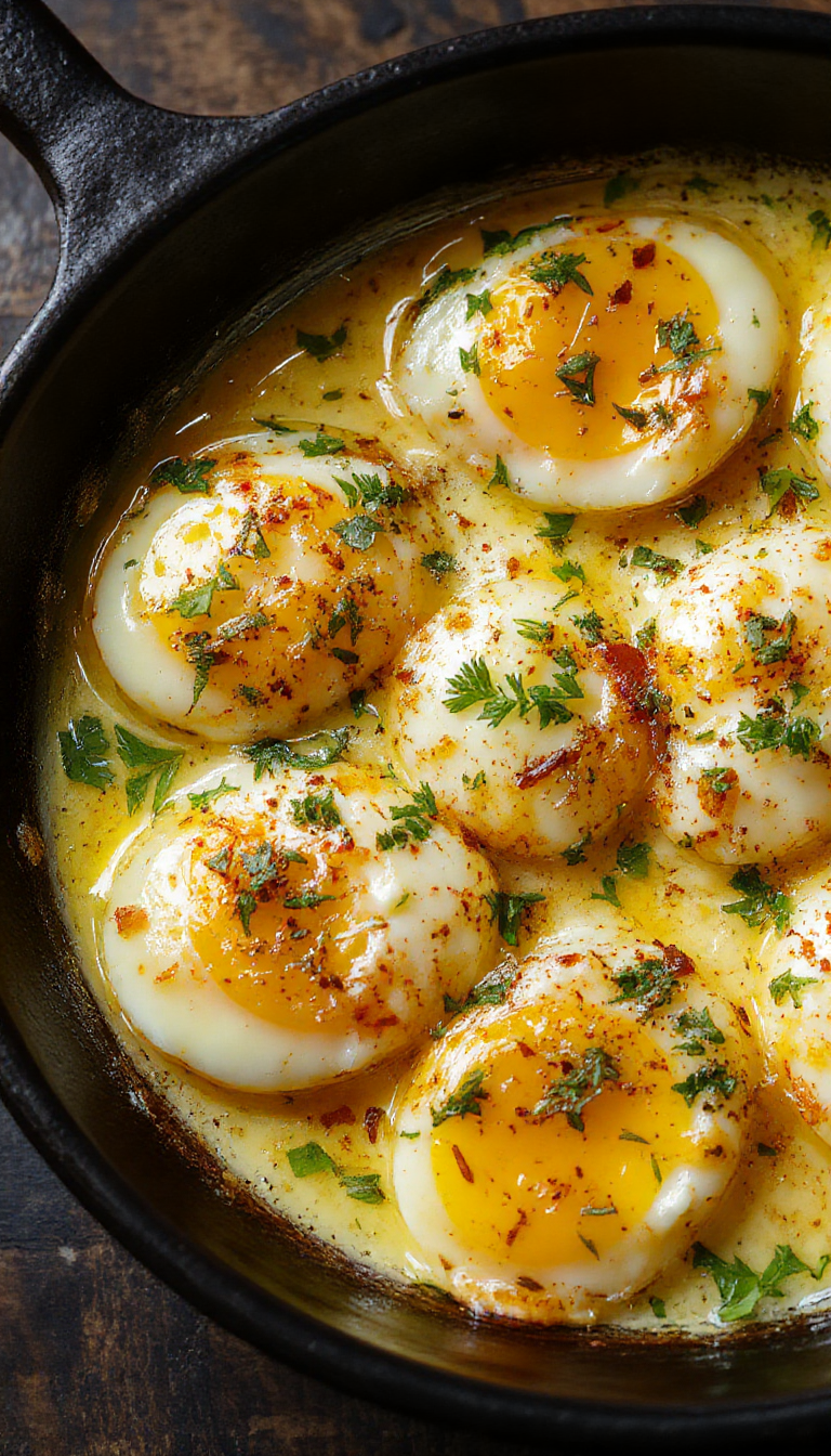 A close-up of baked eggs in individual ramekins, topped with crumbled white feta cheese and fresh herbs, golden brown edges, presented on a rustic wooden table with a warm, inviting ambiance.