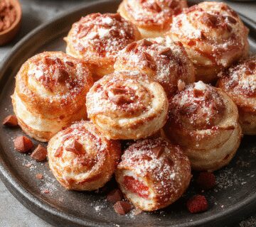 Rollos de canela con cheesecake de fresa recién horneados, perfectos para disfrutar como postre.