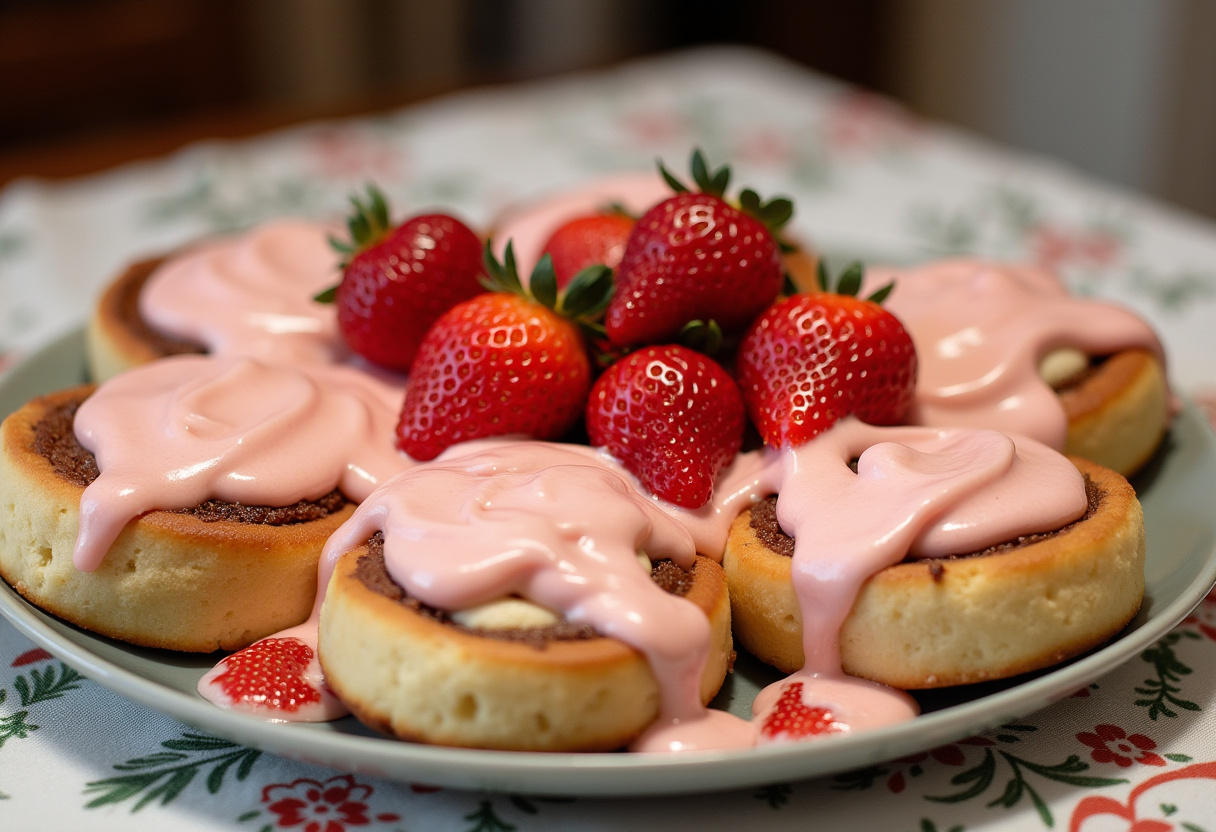Rollos de canela con cheesecake de fresa recién horneados, perfectos para disfrutar como postre.