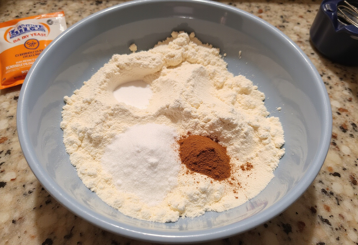 Ingredientes para la receta de rollos de canela con cheesecake de fresa en un tazón.