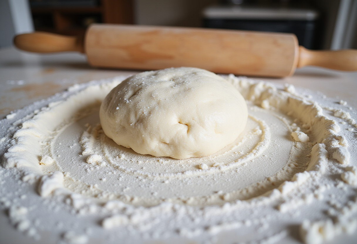 Masa para rollos de canela siendo amasada en la cocina para la receta de rollos de canela con cheesecake de fresa.