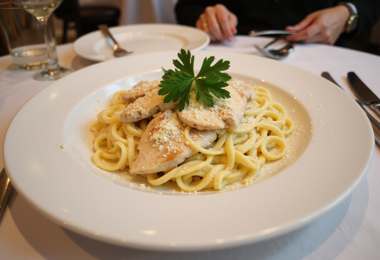 Plato terminado de pasta pollo Alfredo, una receta deliciosa y saludable.