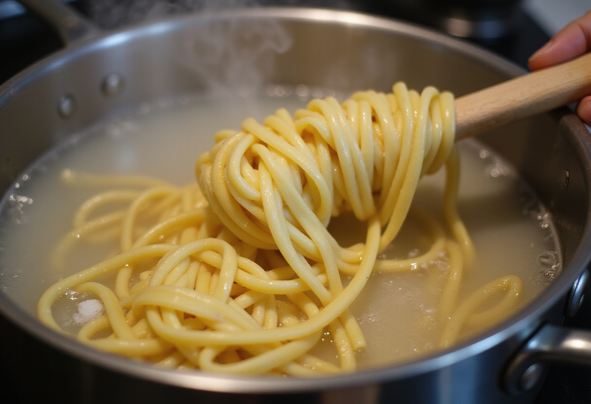 Agua hirviendo con fettuccine para la receta de pollo Alfredo.