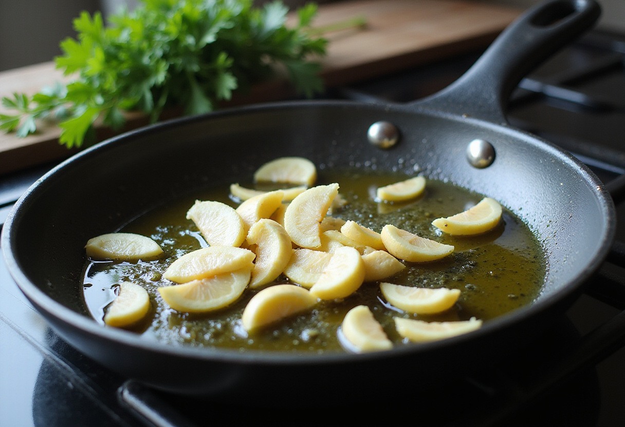 Ajo dorándose en aceite de oliva para la receta de pollo Alfredo.