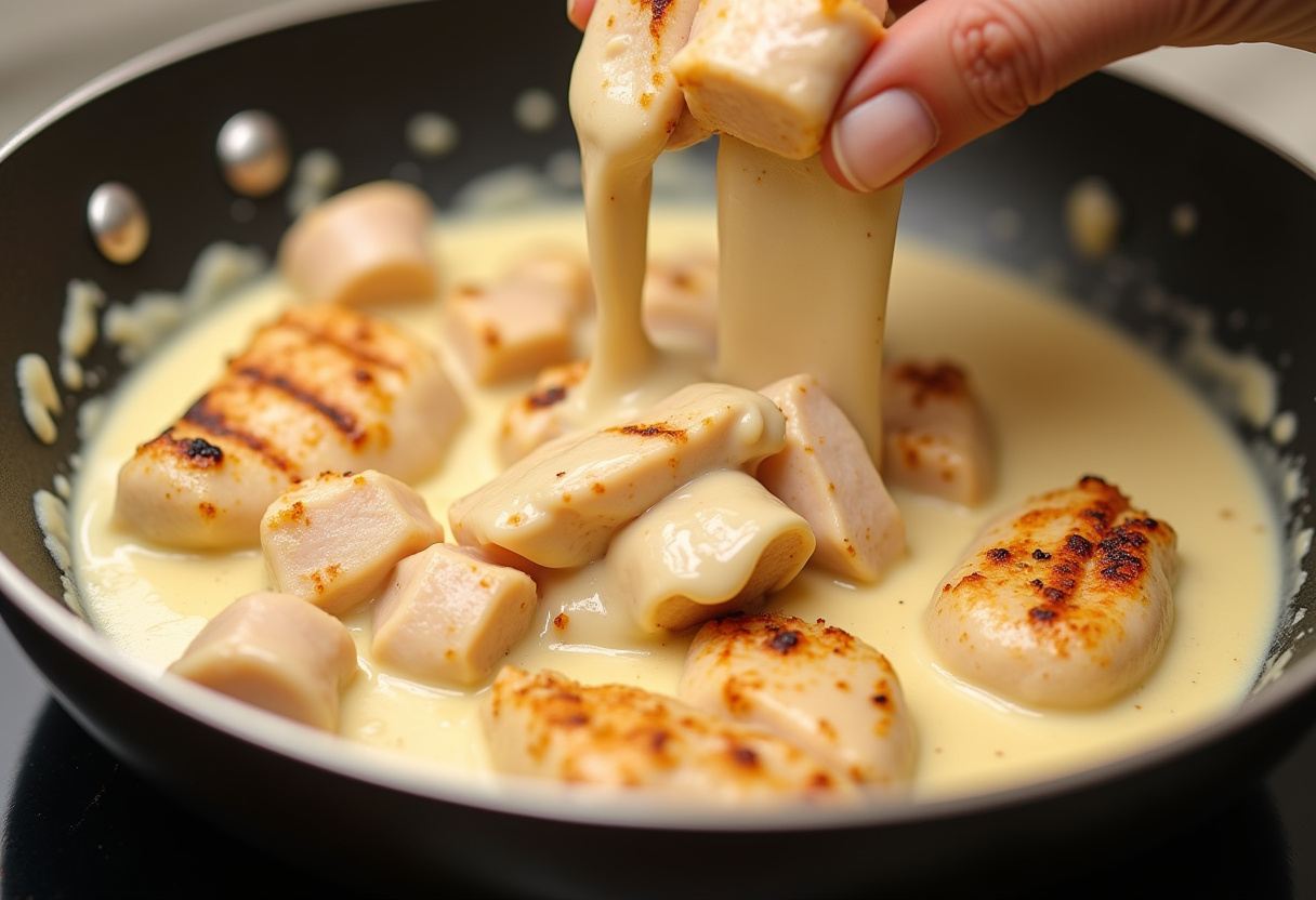 Pollo a la parrilla y salsa Alfredo combinándose para la receta de pollo Alfredo.