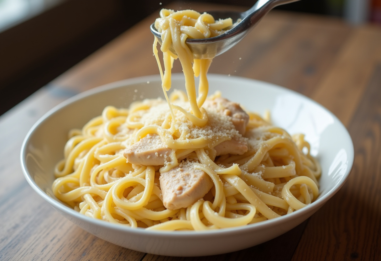 Fettuccine mezclándose con pollo Alfredo en un bol para la receta de pasta saludable.