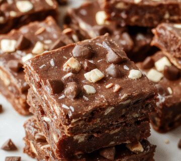 A close-up of a sliced brookie featuring a gooey chocolate brownie layer topped with a crisp cookie crust, showcasing its rich, fudgy interior and textured top, beautifully plated on a rustic wooden surface with some crumbs around.