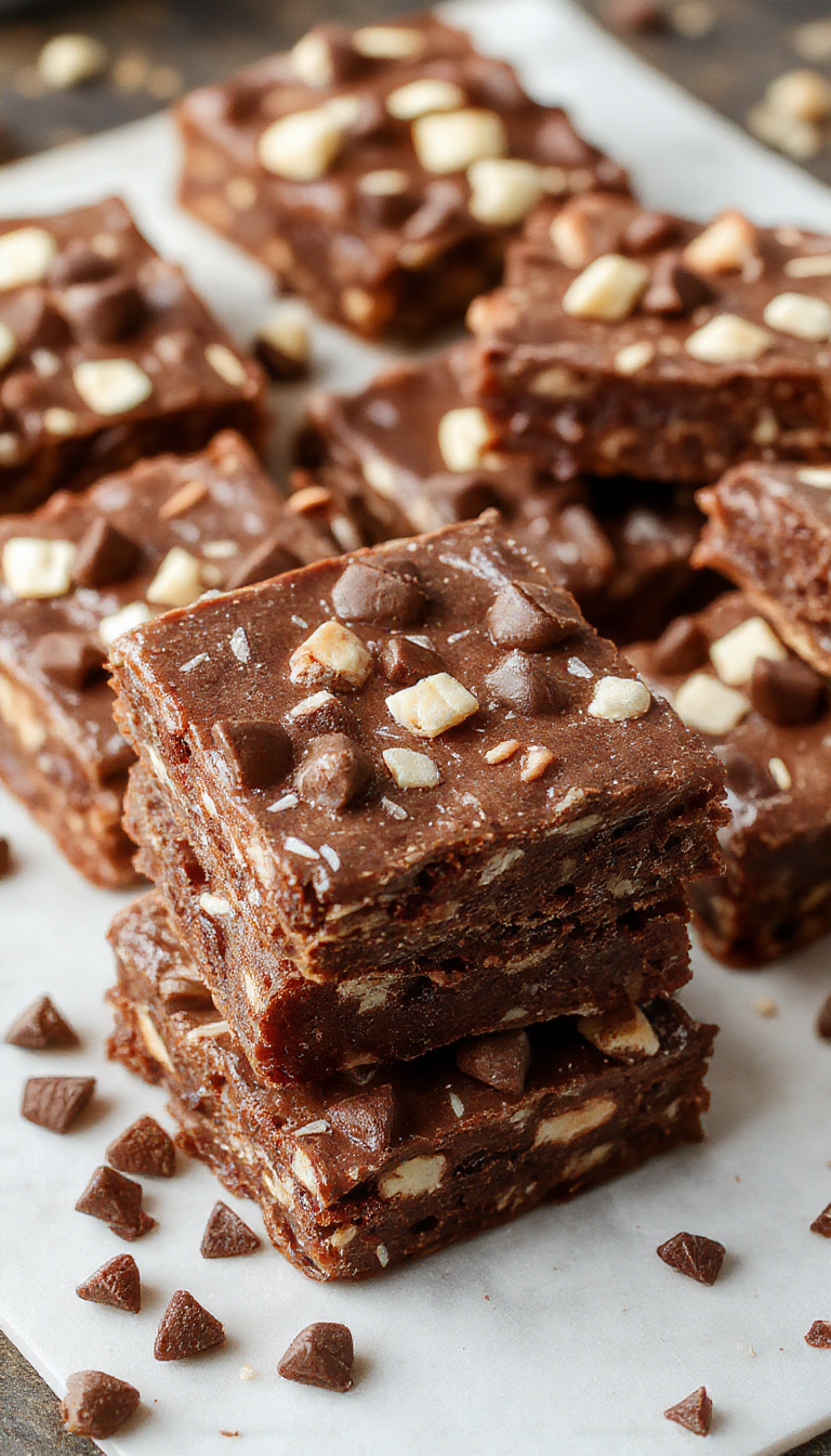 A close-up of a sliced brookie featuring a gooey chocolate brownie layer topped with a crisp cookie crust, showcasing its rich, fudgy interior and textured top, beautifully plated on a rustic wooden surface with some crumbs around.