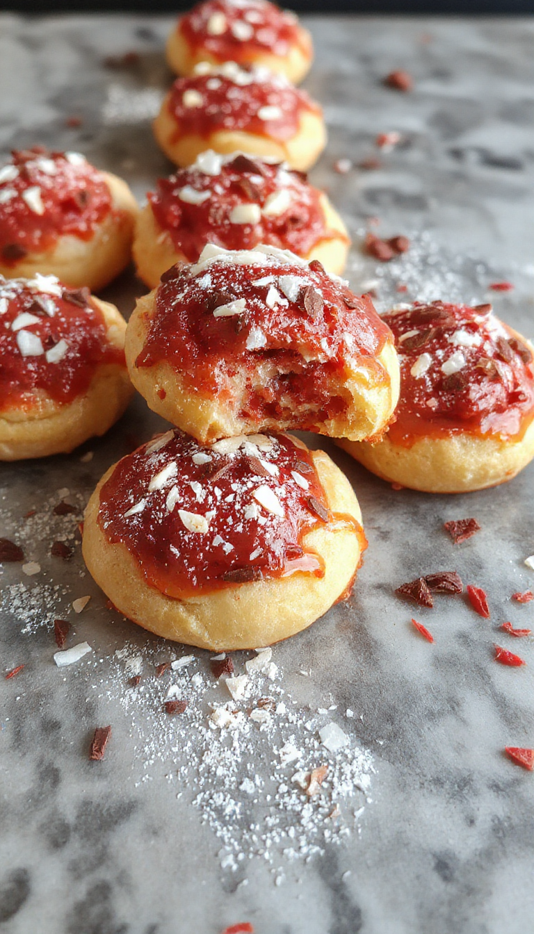 A close-up of vibrant red velvet cookie dough shaped into small spheres on a white plate, with a smooth, velvety texture and a glossy sheen, surrounded by a few crumbs for contrast