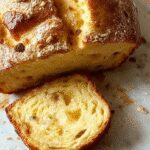 A golden-brown zucchini bread loaf with a slightly cracked top, sliced to reveal a moist, airy interior speckled with green zucchini pieces, presented on a rustic wooden table with fresh zucchini beside it.