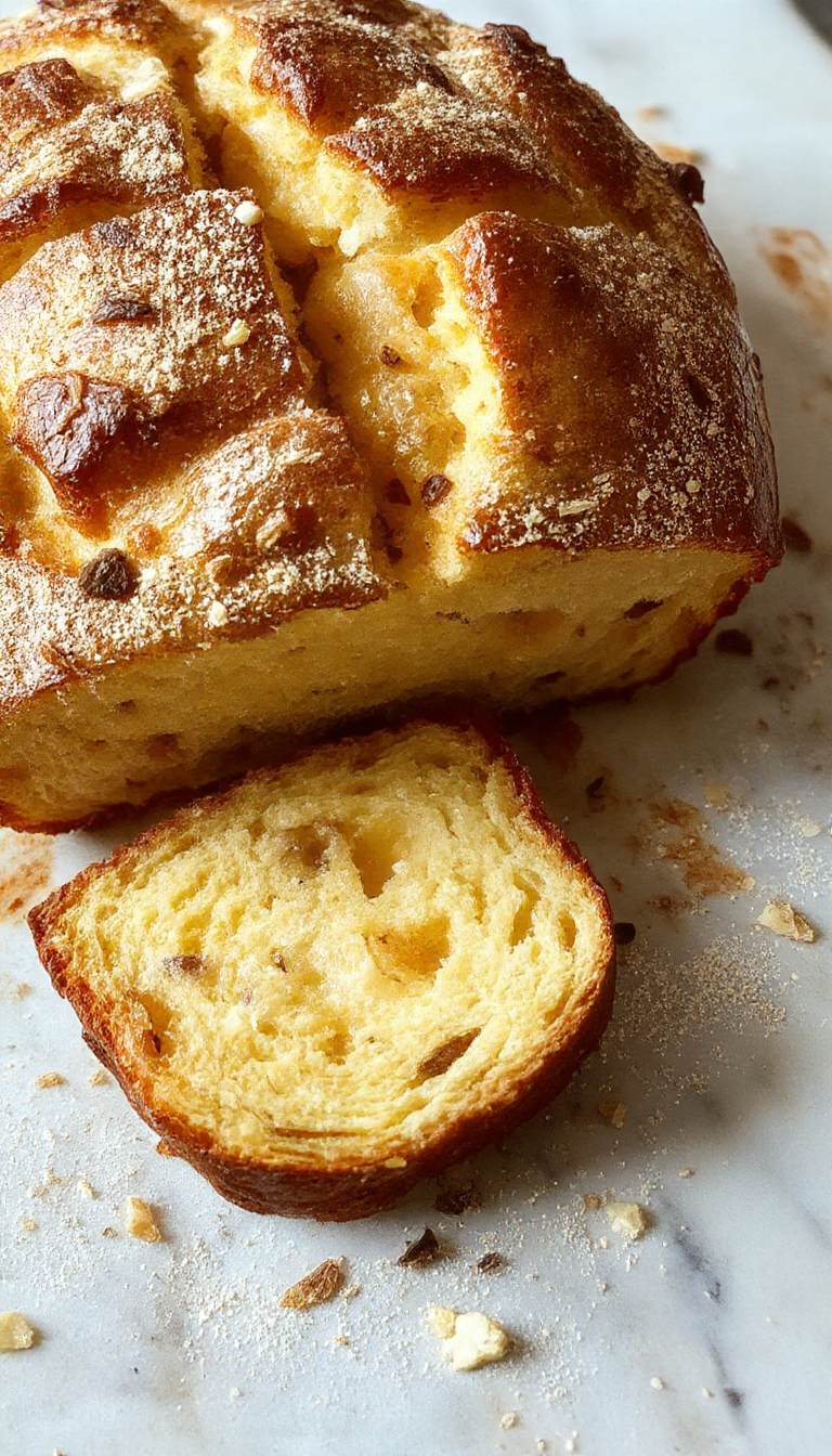 A golden-brown zucchini bread loaf with a slightly cracked top, sliced to reveal a moist, airy interior speckled with green zucchini pieces, presented on a rustic wooden table with fresh zucchini beside it.