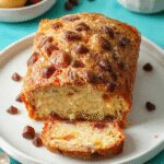 Un pan de plátano esponjoso en un plato blanco, con una corteza dorada y ligeramente húmeda en la superficie, decorado con rebanadas de plátano fresco y nueces, mostrando su textura ligera y húmeda en el interior.