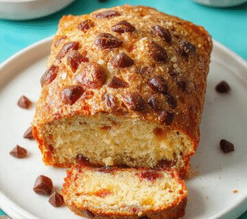 Un pan de plátano esponjoso en un plato blanco, con una corteza dorada y ligeramente húmeda en la superficie, decorado con rebanadas de plátano fresco y nueces, mostrando su textura ligera y húmeda en el interior.