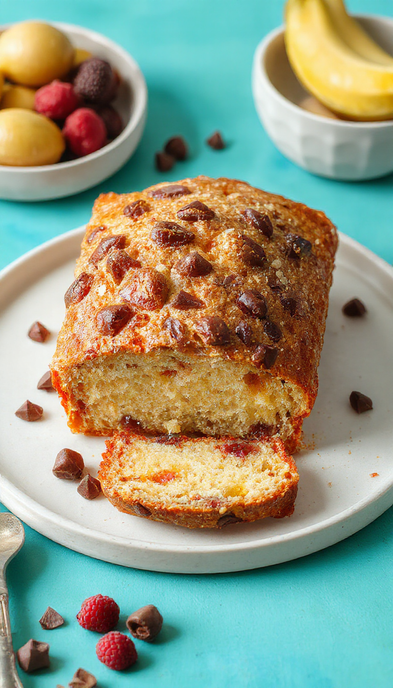 Un pan de plátano esponjoso en un plato blanco, con una corteza dorada y ligeramente húmeda en la superficie, decorado con rebanadas de plátano fresco y nueces, mostrando su textura ligera y húmeda en el interior.