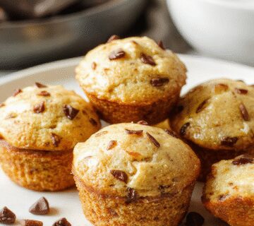Mini muffins de panqueque dorados y esponjosos en un plato blanco, con una textura ligera y miga visible, decorados con migajas de azúcar y acompañados de sirope