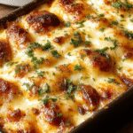Plato de moussaka griega tradicional en una cazuela de barro, con capas doradas de berenjena y carne, y cubierta con salsa bechamel cremosa y burbujeante. Presentado sobre un fondo rústico con hierbas frescas y rodajas de berenjena visible en la superficie.